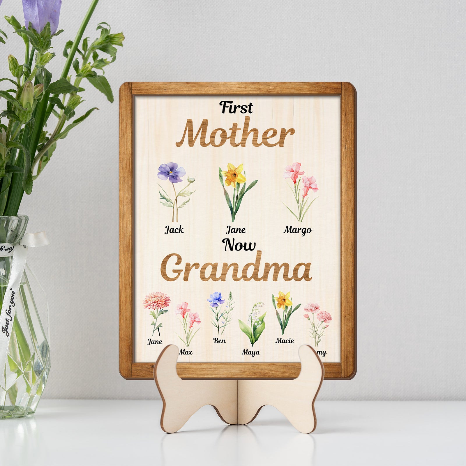 Personalized Grandma Birth Flower Plaque - First Mother Now Grandma Gift