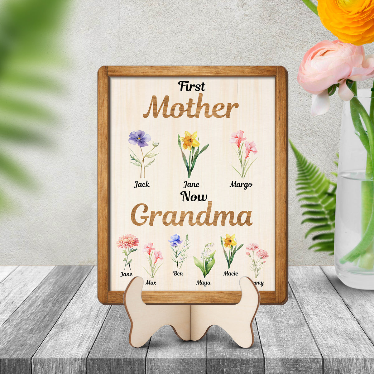 Personalized Grandma Birth Flower Plaque - First Mother Now Grandma Gift